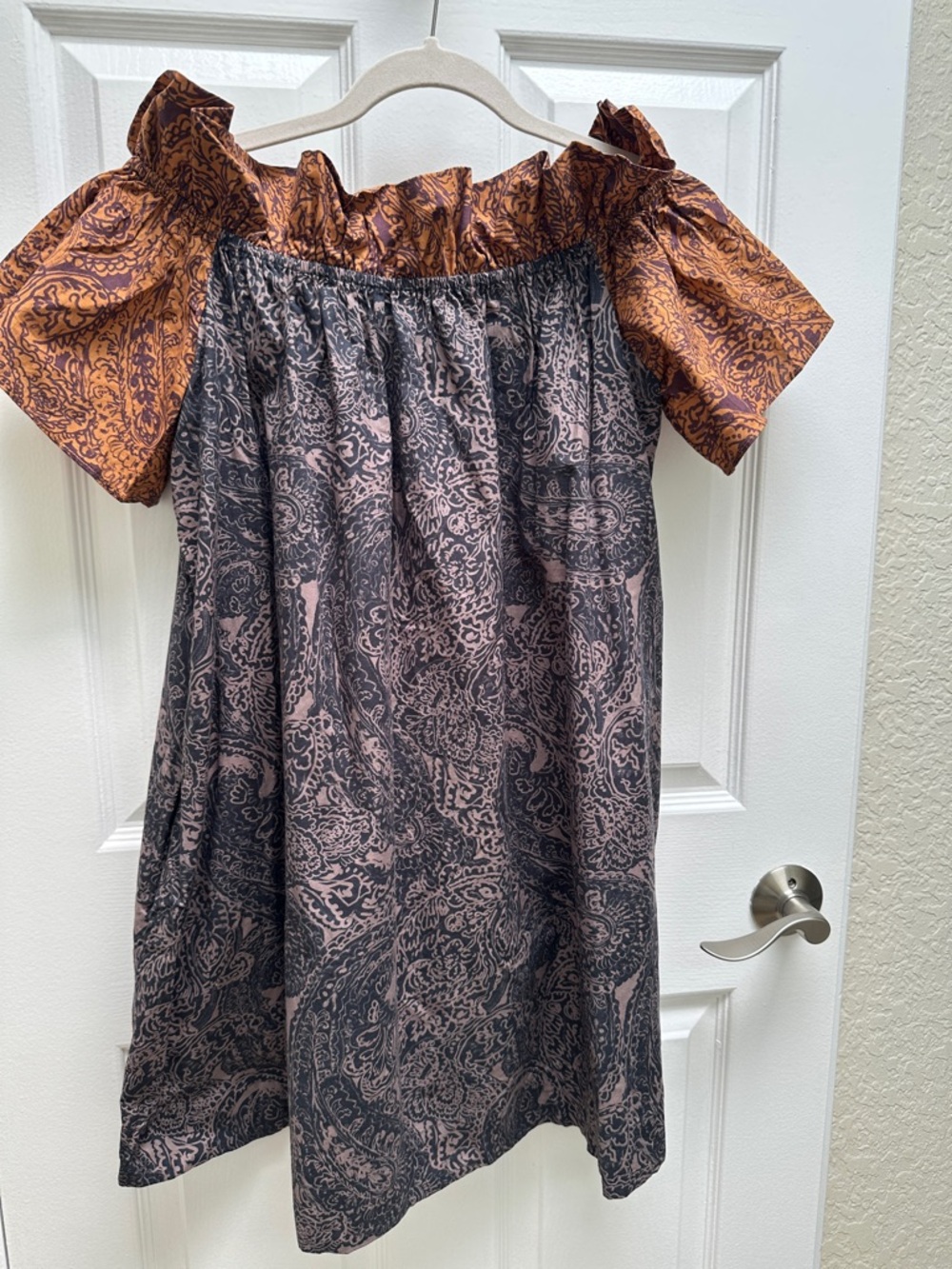 Free People Paisley Off-Shoulder Dress with Rust Puff Sleeves